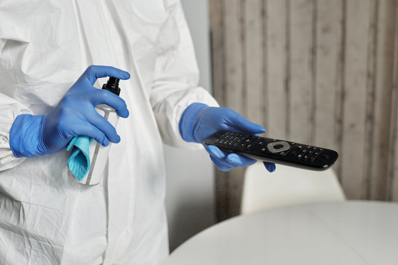 Hands in gloves disinfecting a remote control indoors. Pandemic hygiene concept.
